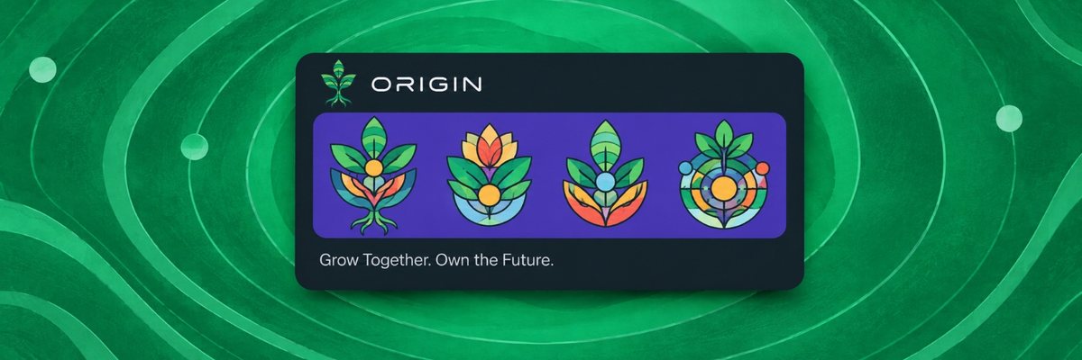 Origin brand plate: the wordmark above four botanical marks on a green ground